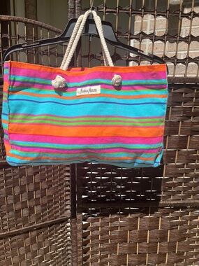 Neiman Marcus Bright Striped Canvas Tote in Turquoise, Orange & Pink